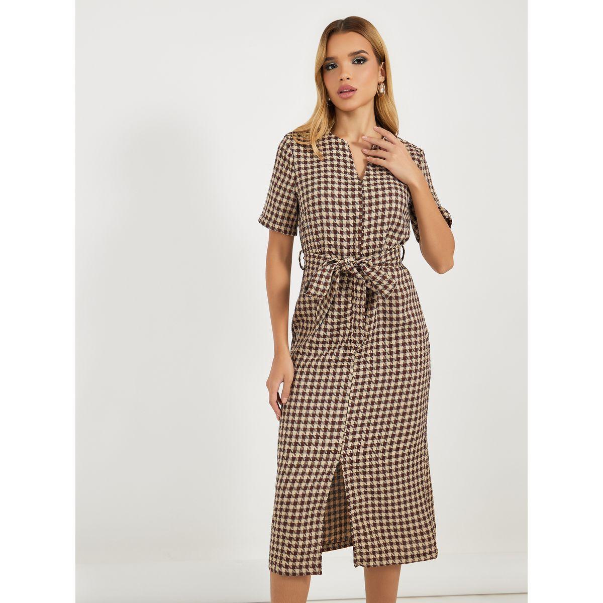 فستان ميدي بطبعة مربعات وأكمام قصيرة-women-clothing-dresses-image-5