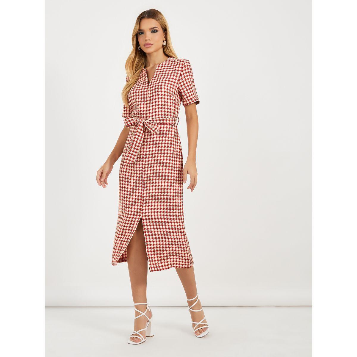 Styli Tweed Checked Sheath Midi Dress with Slit Hem-women-clothing-dresses-image-1