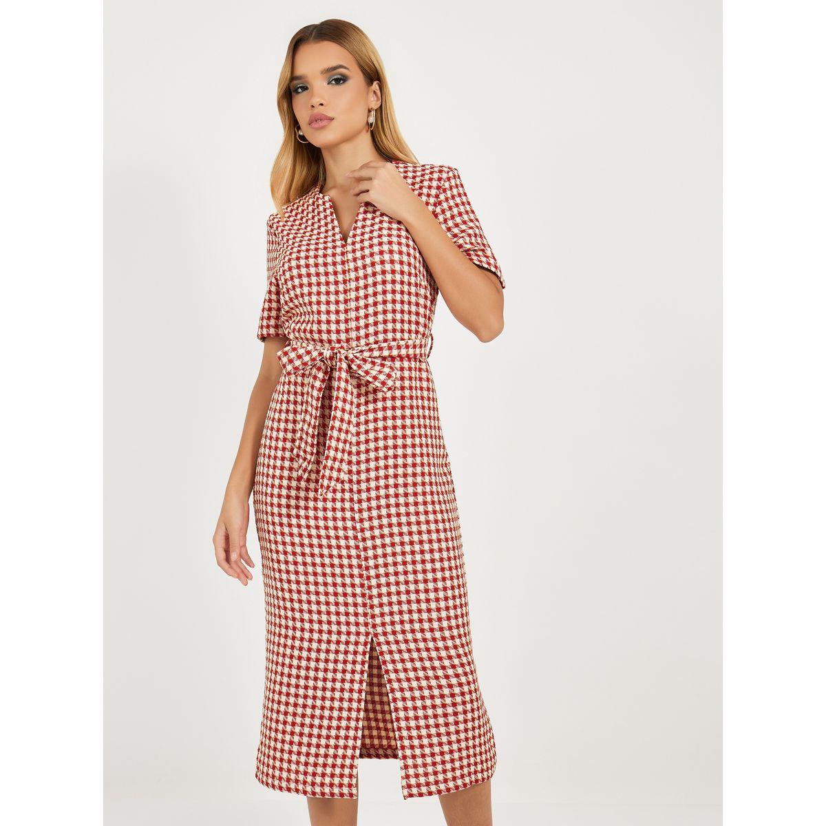 Styli Tweed Checked Sheath Midi Dress with Slit Hem-women-clothing-dresses-image-2