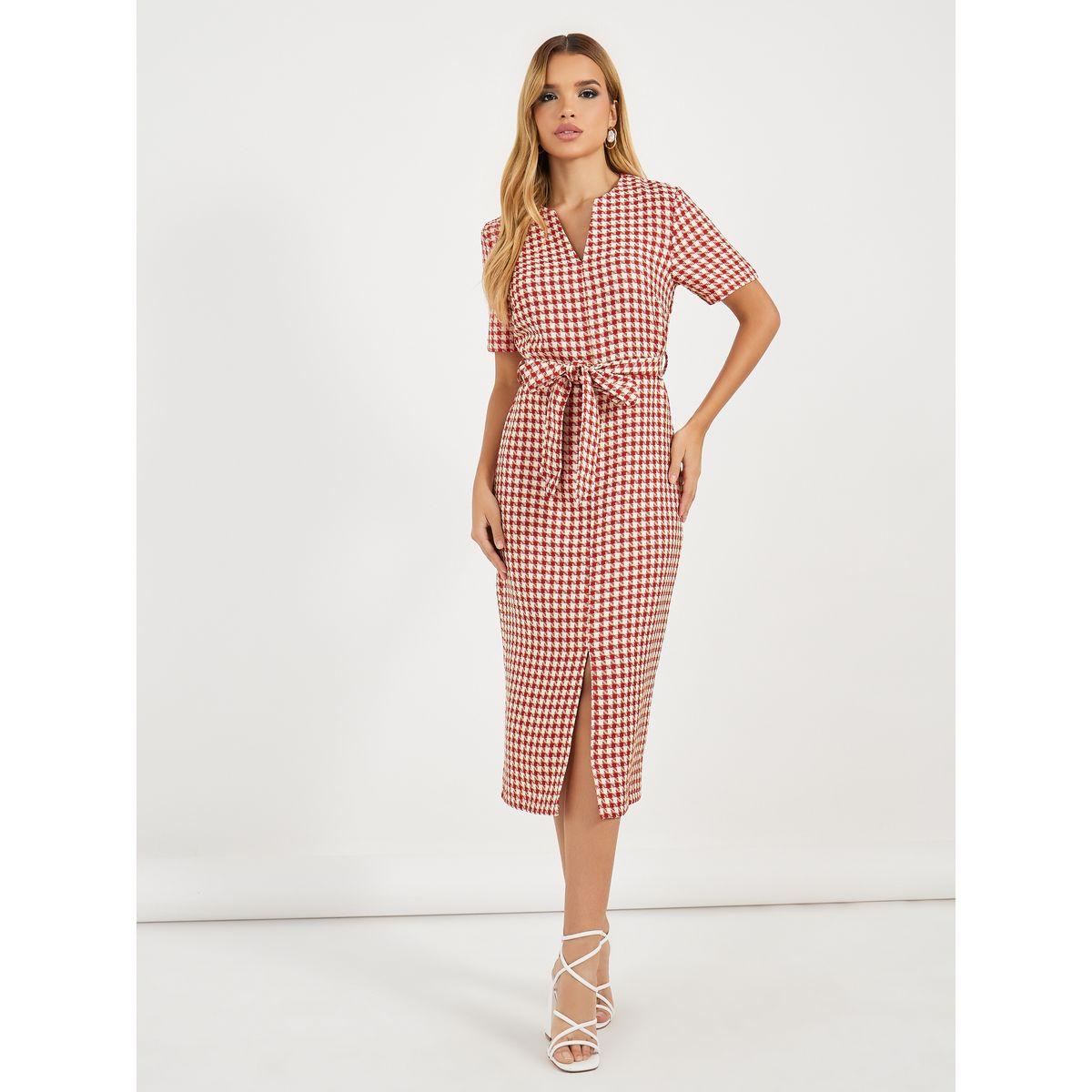 Styli Tweed Checked Sheath Midi Dress with Slit Hem-women-clothing-dresses-image-4