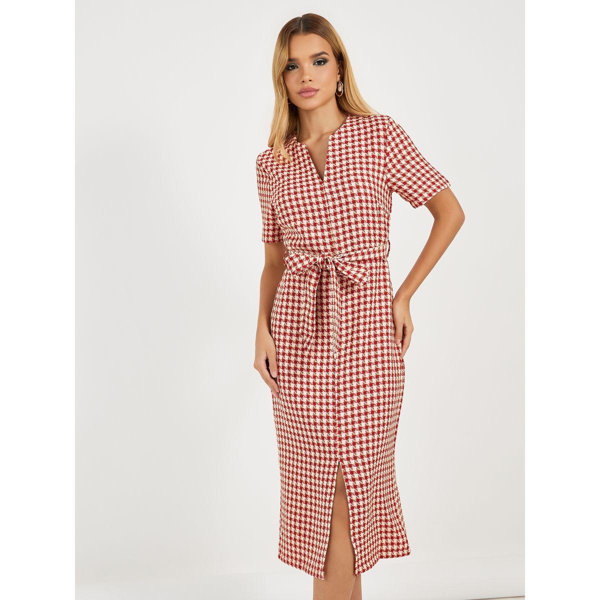Styli Tweed Checked Sheath Midi Dress with Slit Hem-women-clothing-dresses-image-5