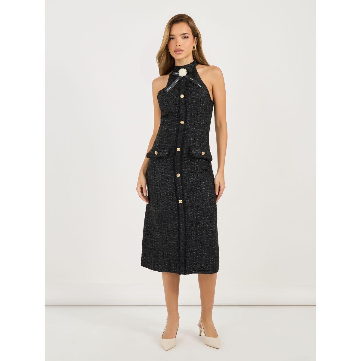 Styli Tweed Halter Neck Sheath Midi Dress with Bow Detail-women-clothing-dresses-image-4