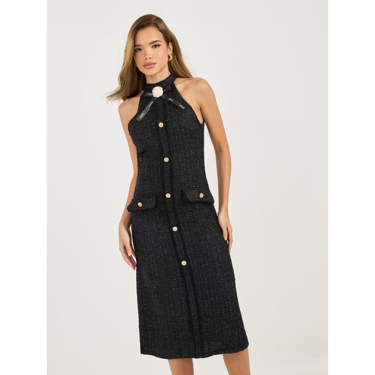 Styli Tweed Halter Neck Sheath Midi Dress with Bow Detail-women-clothing-dresses-image-5