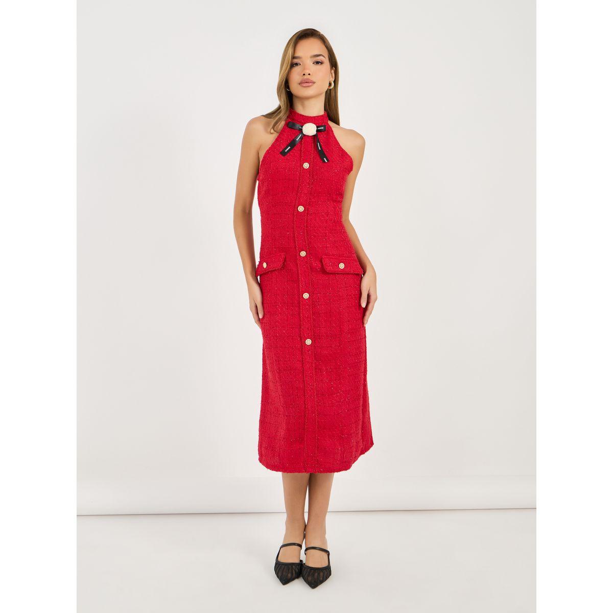 فستان ميدي تويد بياقة هولتر وربطة فيونكة-women-clothing-dresses-image-1