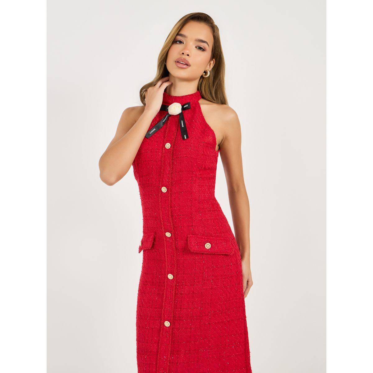 فستان ميدي تويد بياقة هولتر وربطة فيونكة-women-clothing-dresses-image-2