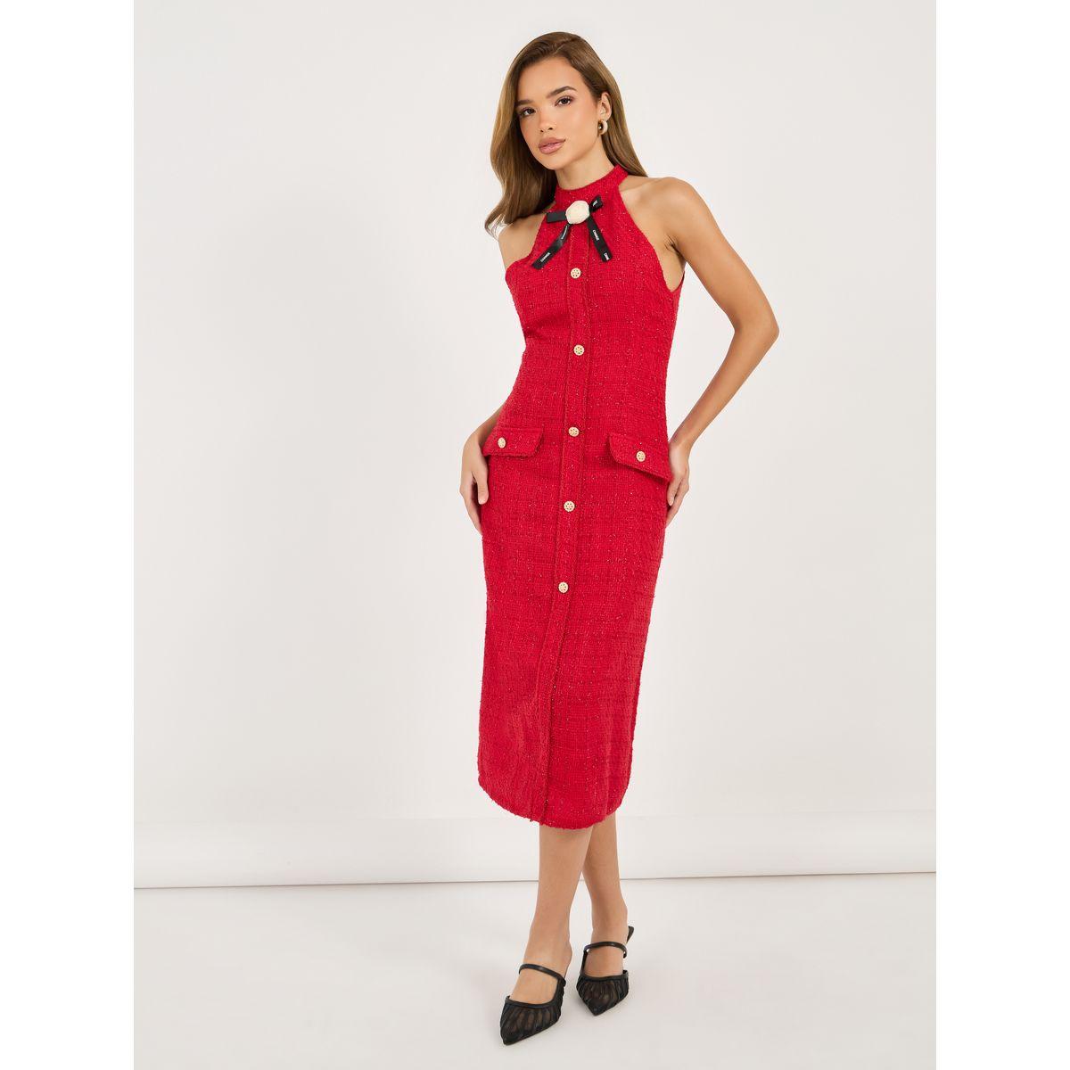 فستان ميدي تويد بياقة هولتر وربطة فيونكة-women-clothing-dresses-image-3