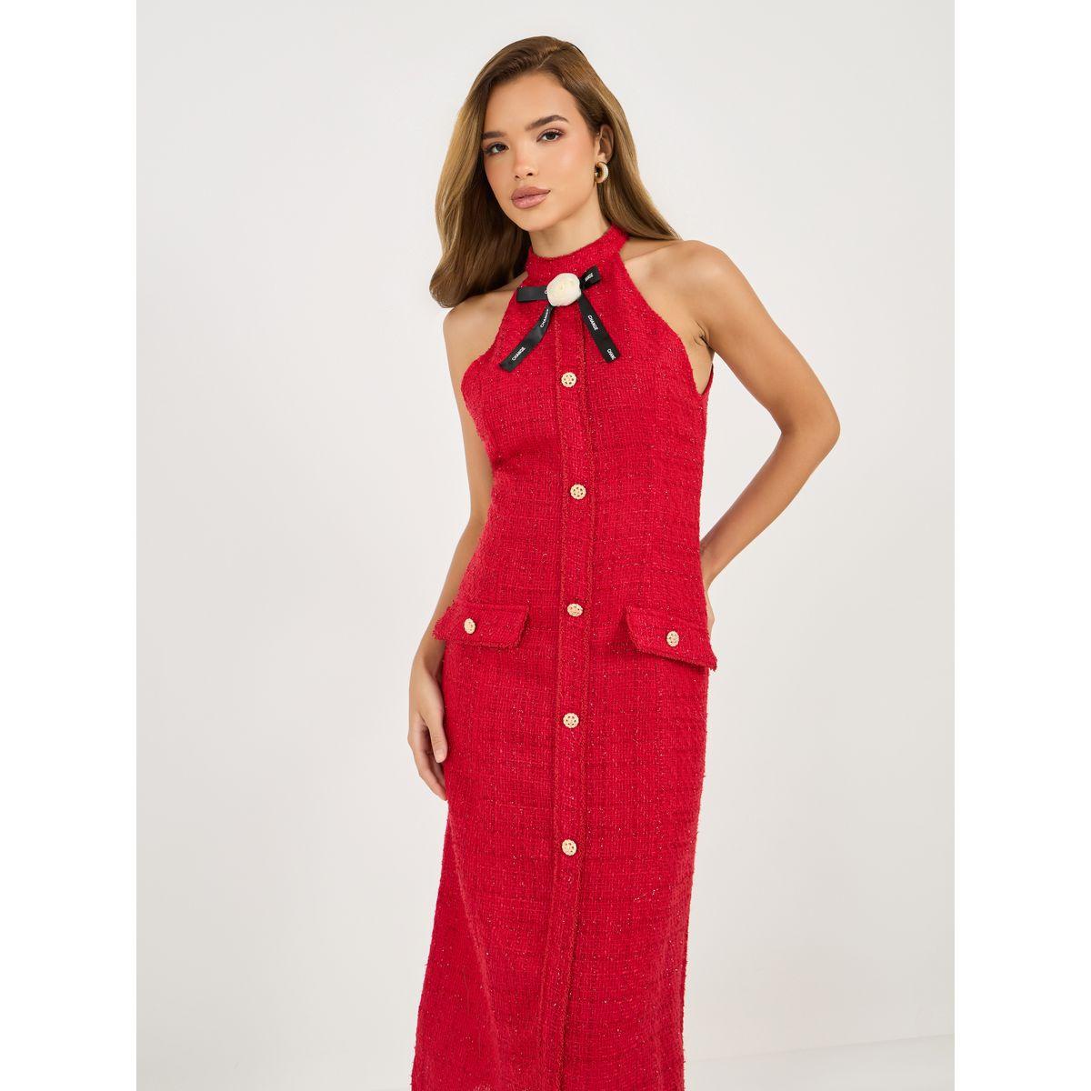 Styli Tweed Halter Neck Sheath Midi Dress with Bow Detail-women-clothing-dresses-image-4