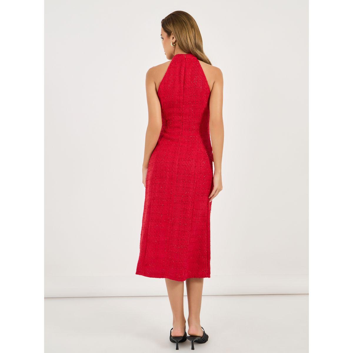 Styli Tweed Halter Neck Sheath Midi Dress with Bow Detail-women-clothing-dresses-image-6