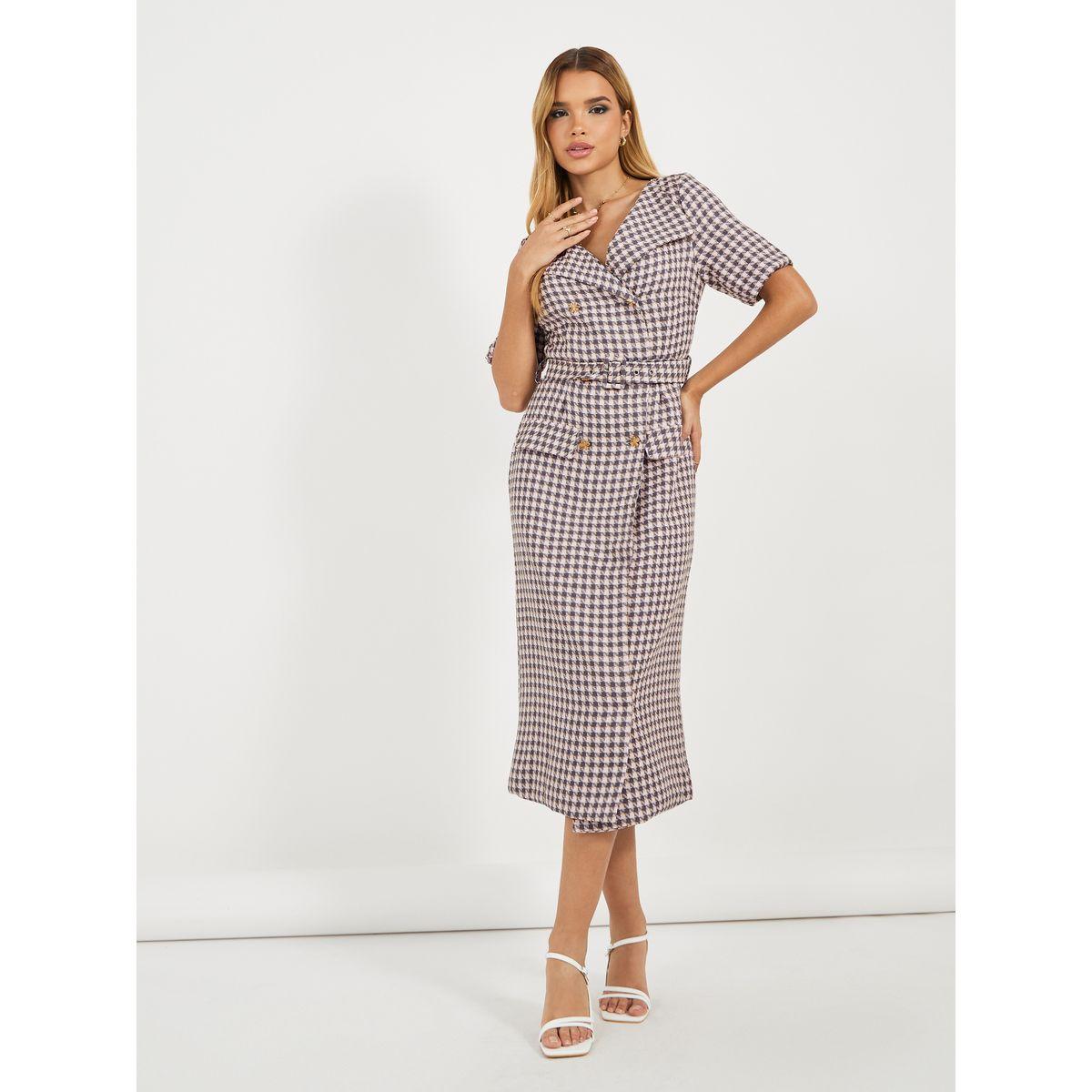 فستان ميدي بطبعة مربعات وأكمام قصيرة-women-clothing-dresses-image-1