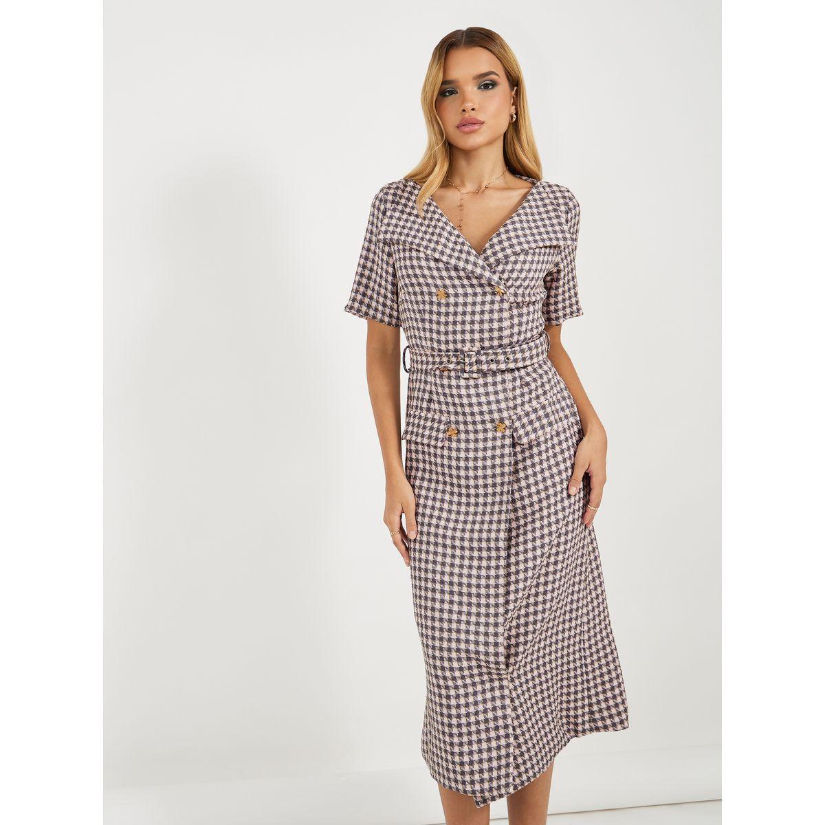 Styli Checked Short Sleeves A-Line Blazer Midi Dress-women-clothing-dresses-image-2
