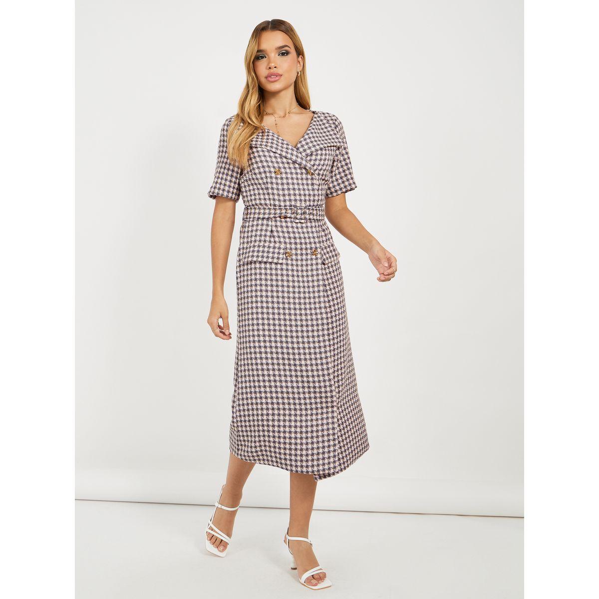 فستان ميدي بطبعة مربعات وأكمام قصيرة-women-clothing-dresses-image-4