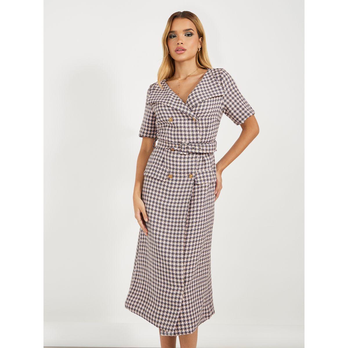 فستان ميدي بطبعة مربعات وأكمام قصيرة-women-clothing-dresses-image-5