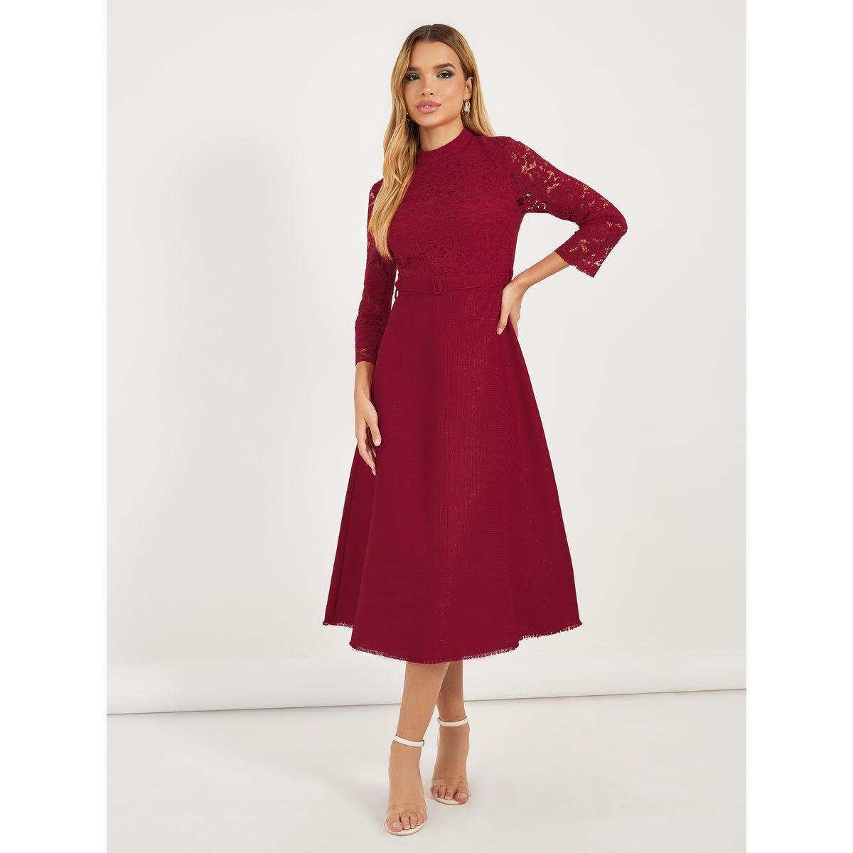 Styli Lace Insert Belted A-Line Midi Dress-women-clothing-dresses-image-1