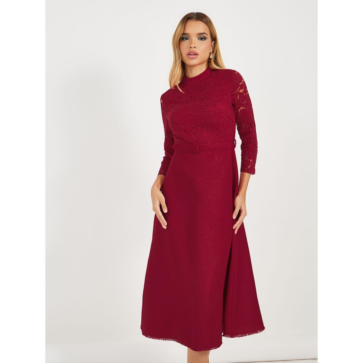 فستان ميدي بتفاصيل دانتيل وحزام خصر-women-clothing-dresses-image-2