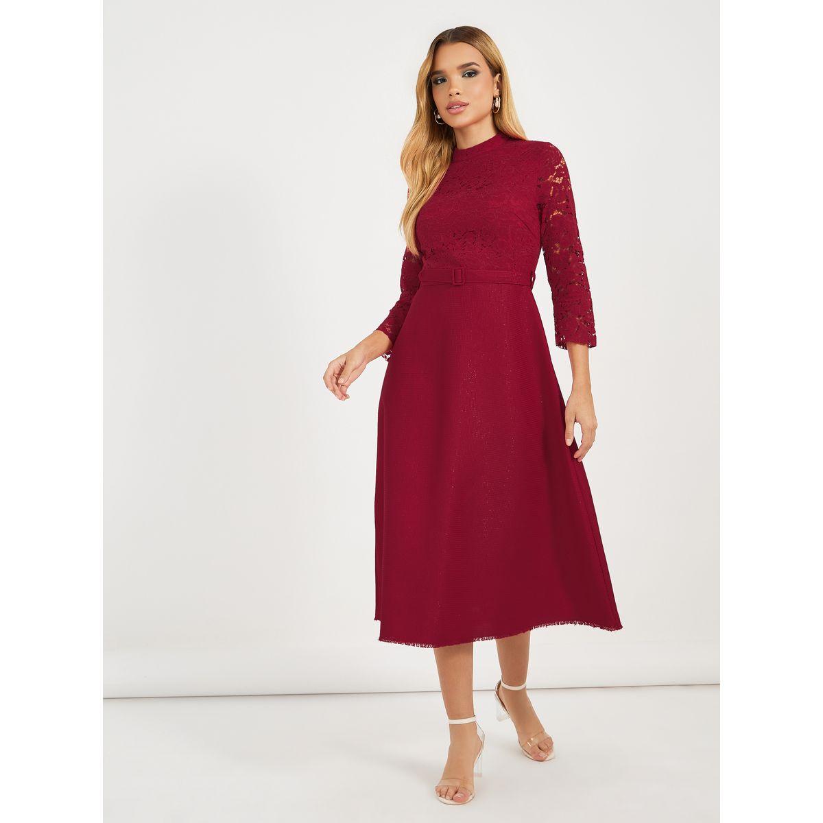 Styli Lace Insert Belted A-Line Midi Dress-women-clothing-dresses-image-4