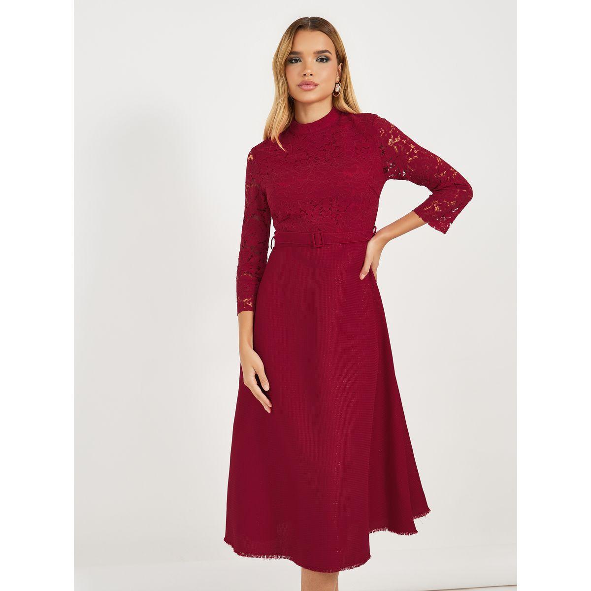 فستان ميدي بتفاصيل دانتيل وحزام خصر-women-clothing-dresses-image-5
