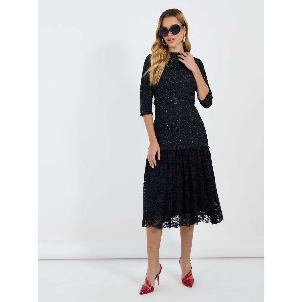 Styli Lace Insert 3/4th Sleeves A-Line Midi Dress-women-clothing-dresses-image-1