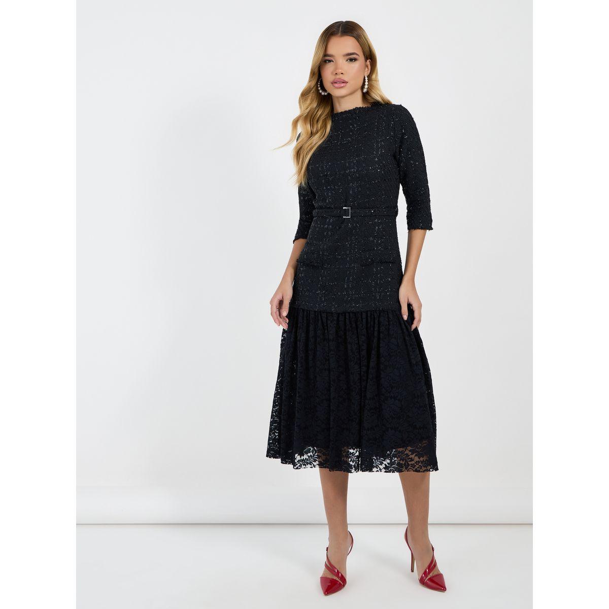 Styli Lace Insert 3/4th Sleeves A-Line Midi Dress-women-clothing-dresses-image-2
