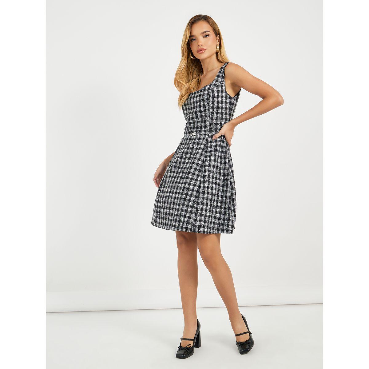 فستان قصير بطبعة جينغام مع طيات-women-clothing-dresses-image-3