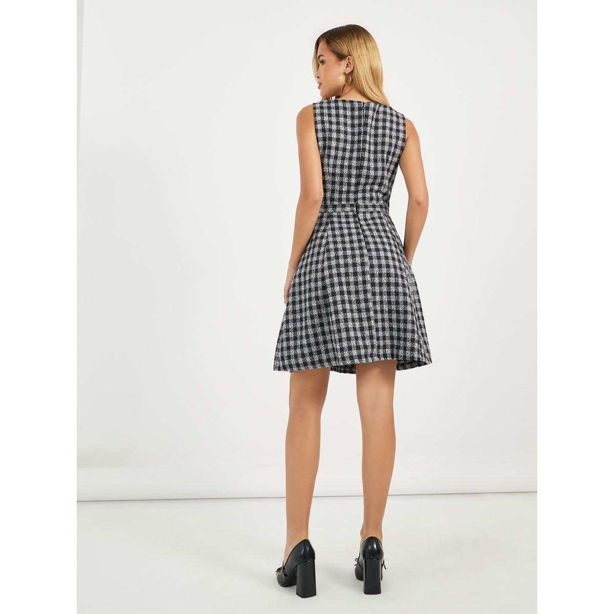 فستان قصير بطبعة جينغام مع طيات-women-clothing-dresses-image-5