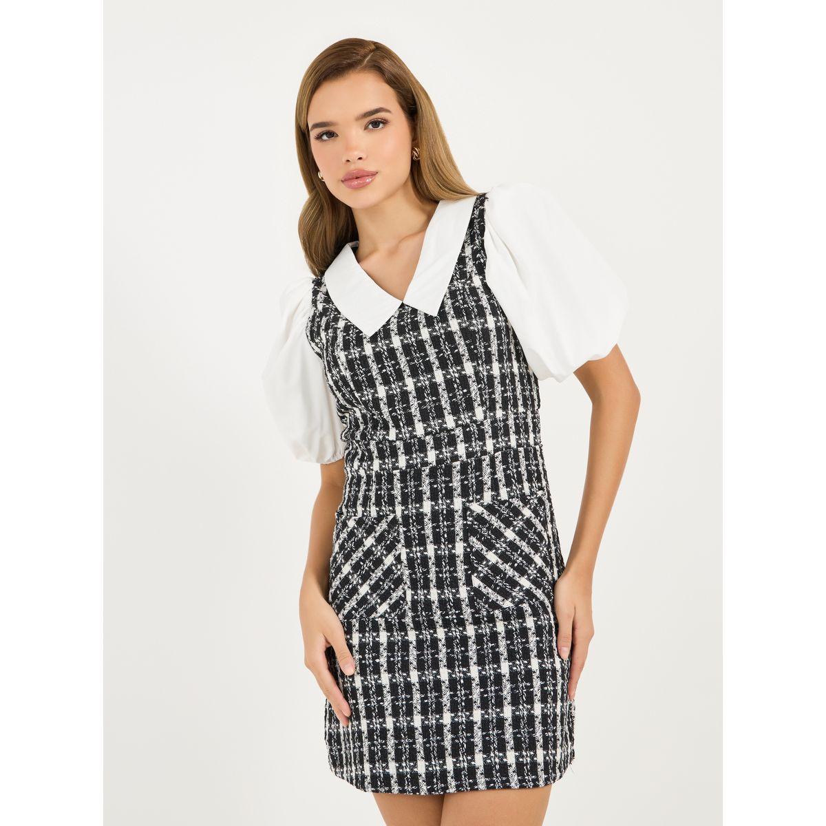 فستان قصير تويد بطبعة مربعات-women-clothing-dresses-image-3