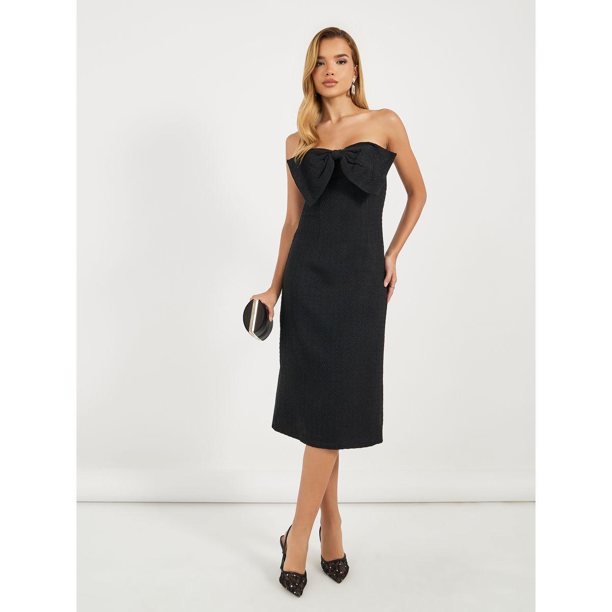 فستان ميدي تويد بياقة باندو وربطة فيونكة-women-clothing-dresses-image-1