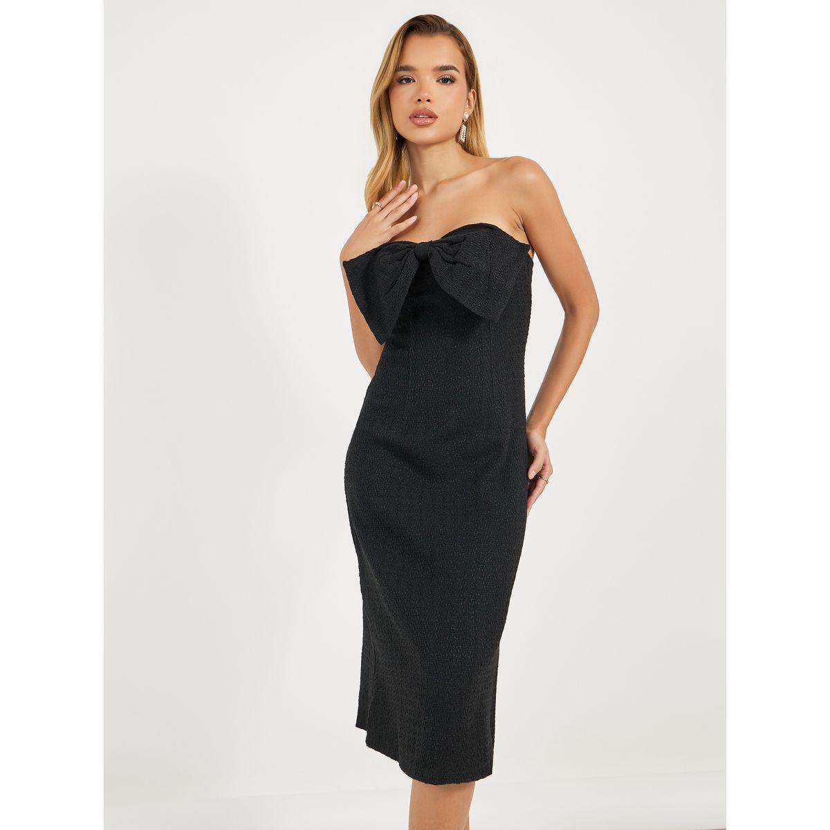فستان ميدي تويد بياقة باندو وربطة فيونكة-women-clothing-dresses-image-2