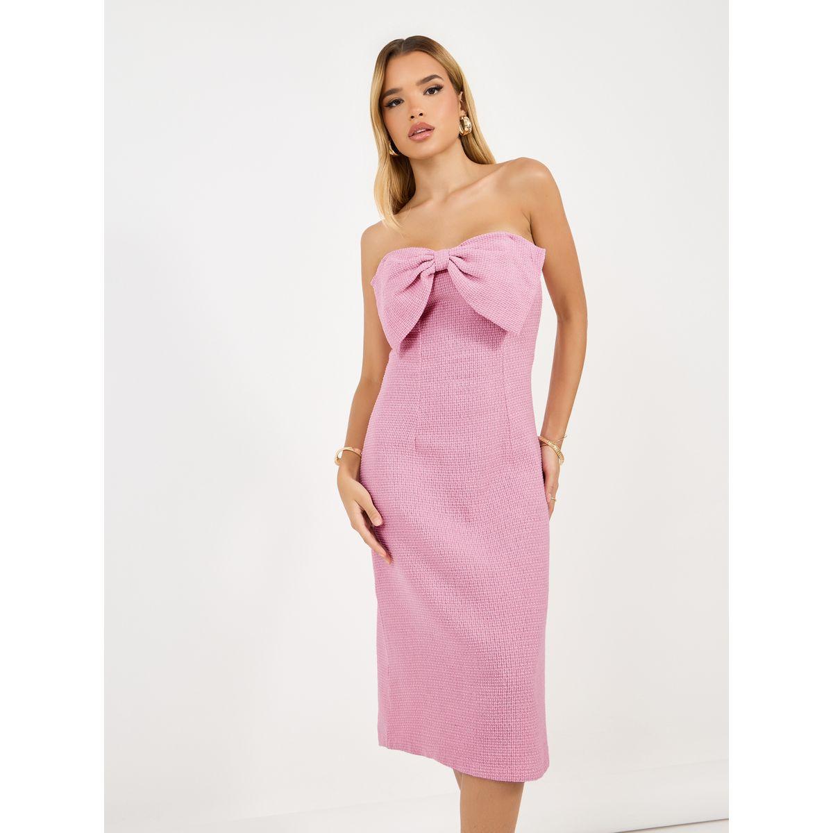 فستان ميدي تويد بياقة باندو وربطة فيونكة-women-clothing-dresses-image-2