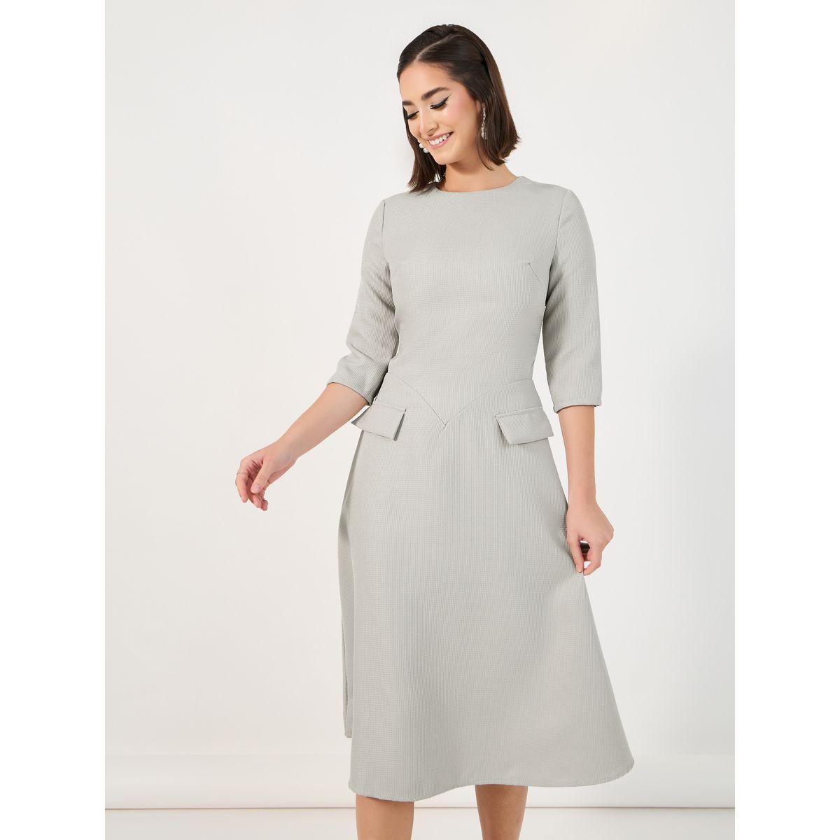 Styli Textured A-Line Midi Dress with Flap Detail-women-clothing-dresses-image-5
