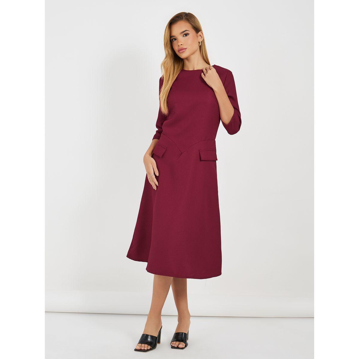 Styli Textured A-Line Midi Dress with Flap Detail-women-clothing-dresses-image-5