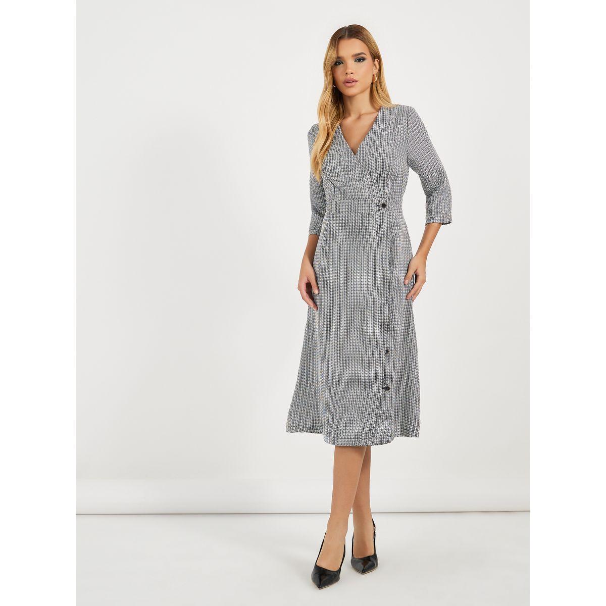 Styli Tweed 3/4 Sleeves Wrap Midi Dress-women-clothing-dresses-image-1