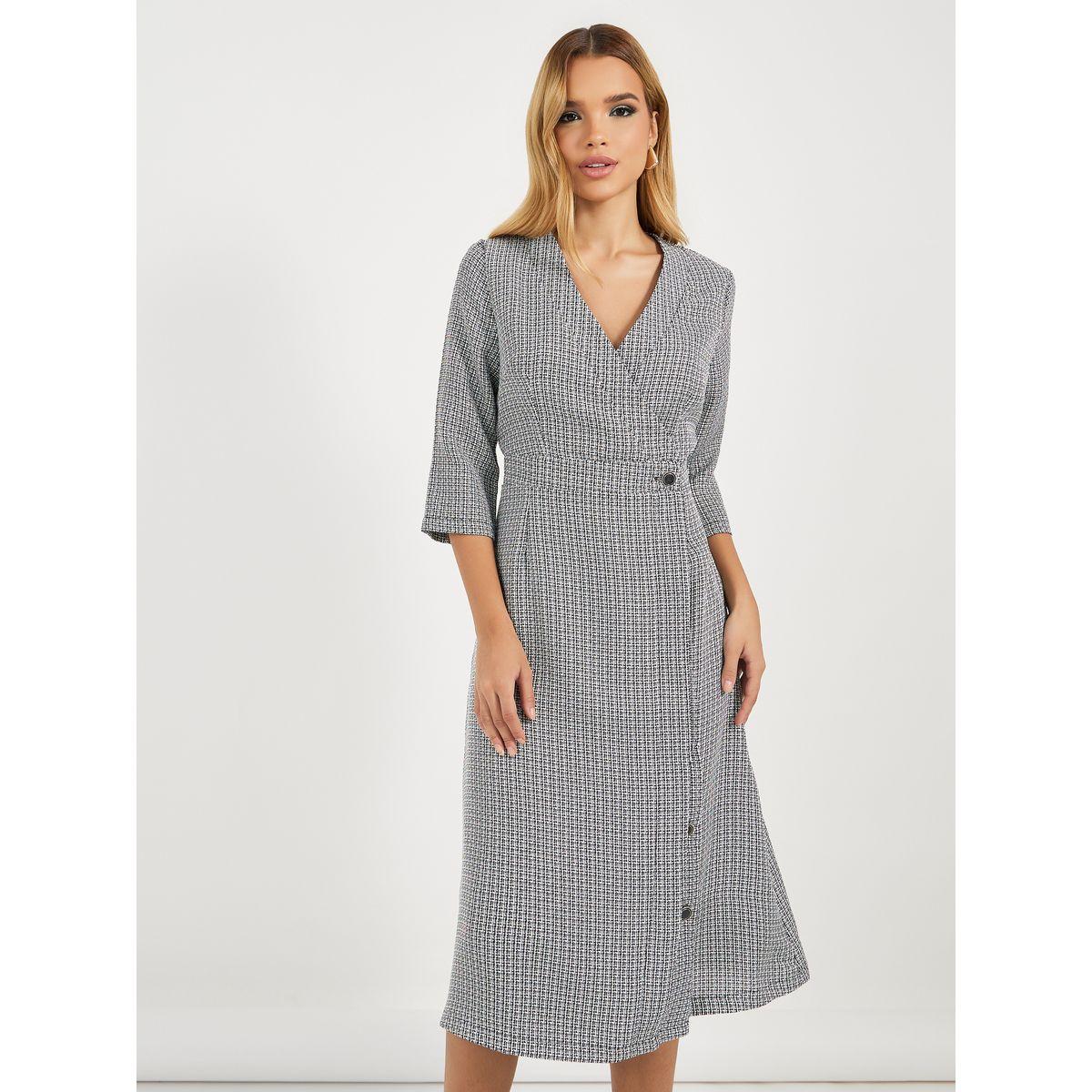 Styli Tweed 3/4 Sleeves Wrap Midi Dress-women-clothing-dresses-image-2