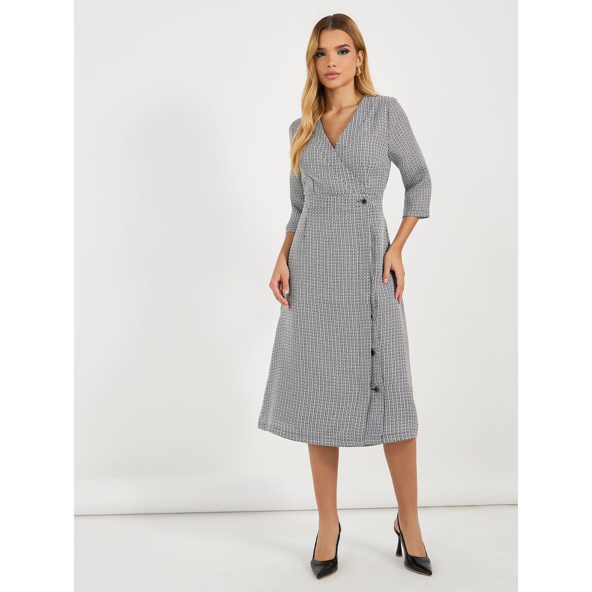 Styli Tweed 3/4 Sleeves Wrap Midi Dress-women-clothing-dresses-image-4