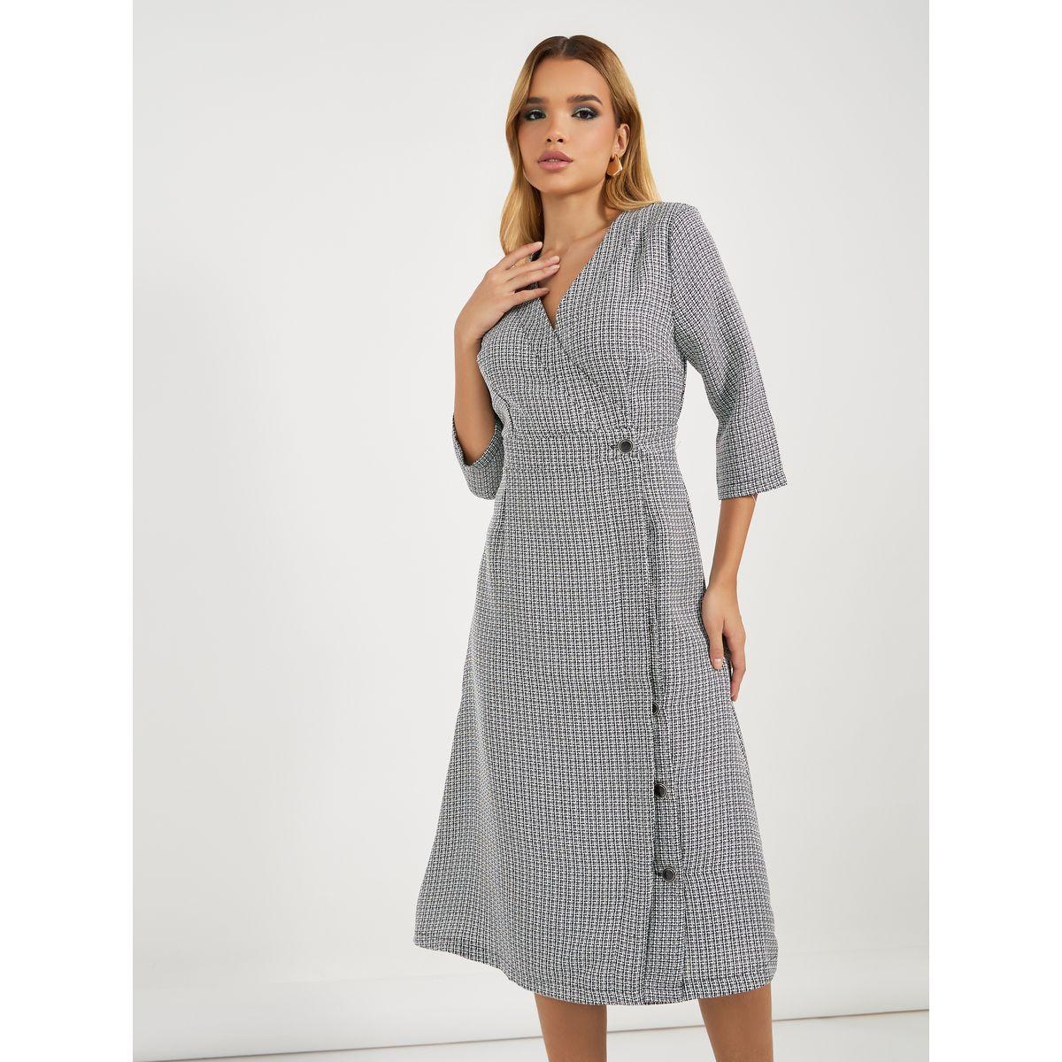 Styli Tweed 3/4 Sleeves Wrap Midi Dress-women-clothing-dresses-image-5
