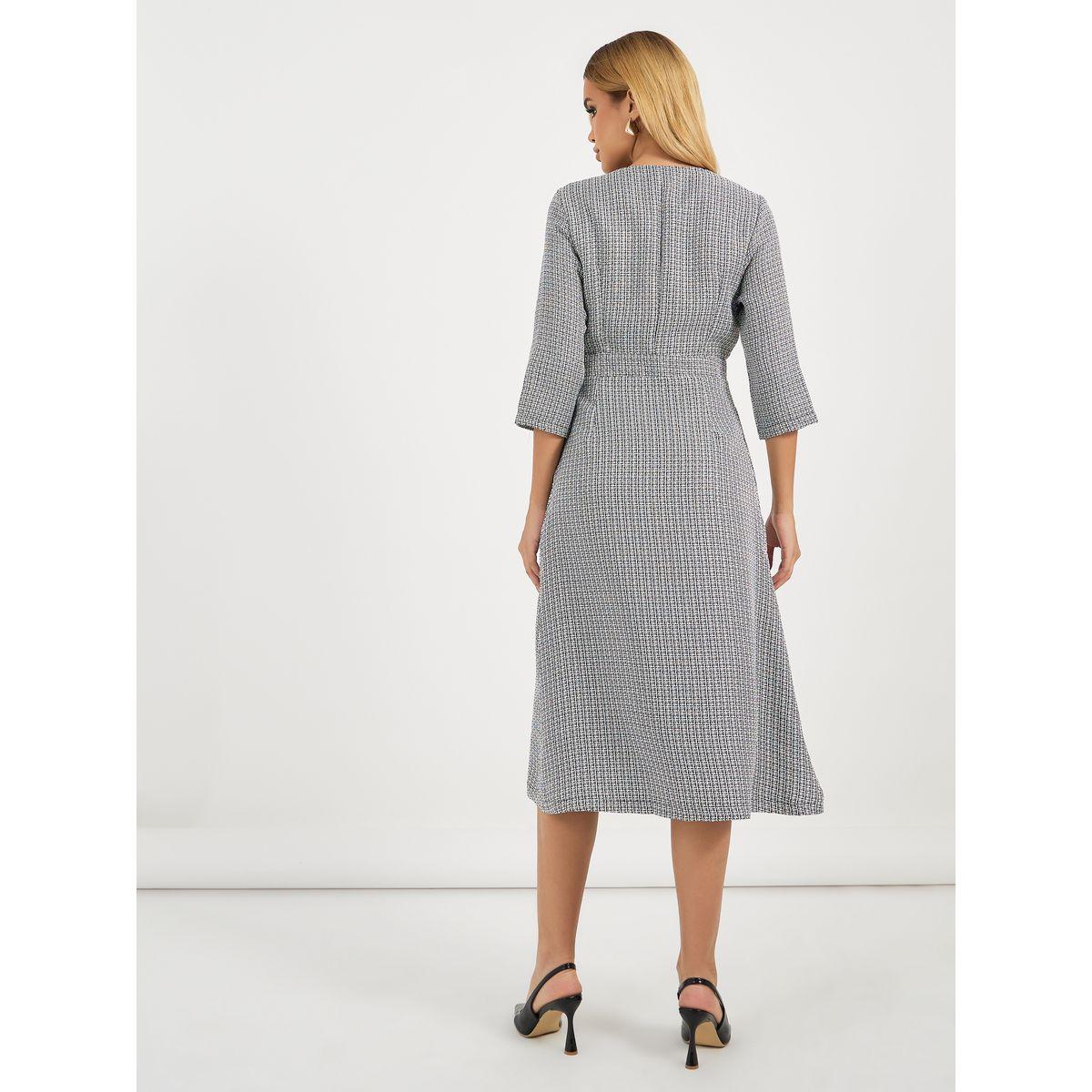 Styli Tweed 3/4 Sleeves Wrap Midi Dress-women-clothing-dresses-image-6