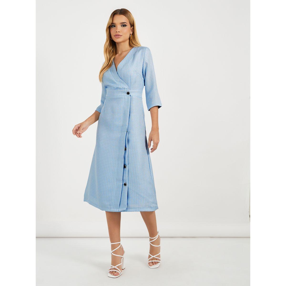 فستان ميدي تويد بنمط لف وأكمام 3/4-women-clothing-dresses-image-1
