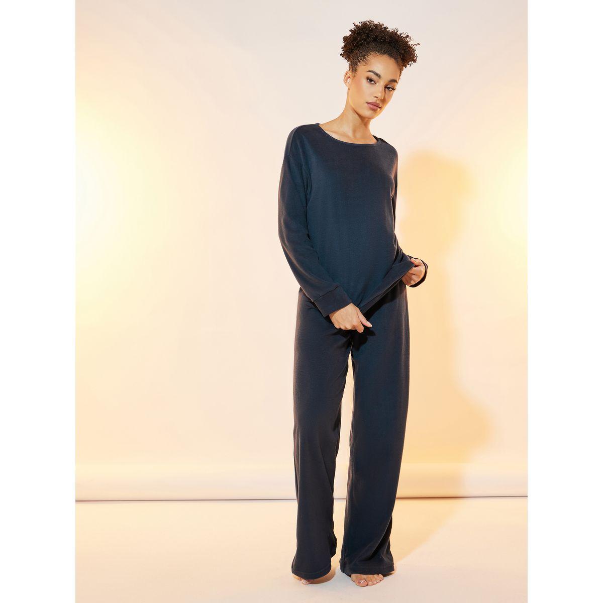 Take Two Solid Fleece Round Neck T-Shirt and Straight Leg Pyjama Set-women-clothing-nightwear-pyjamas-longsets-image-1