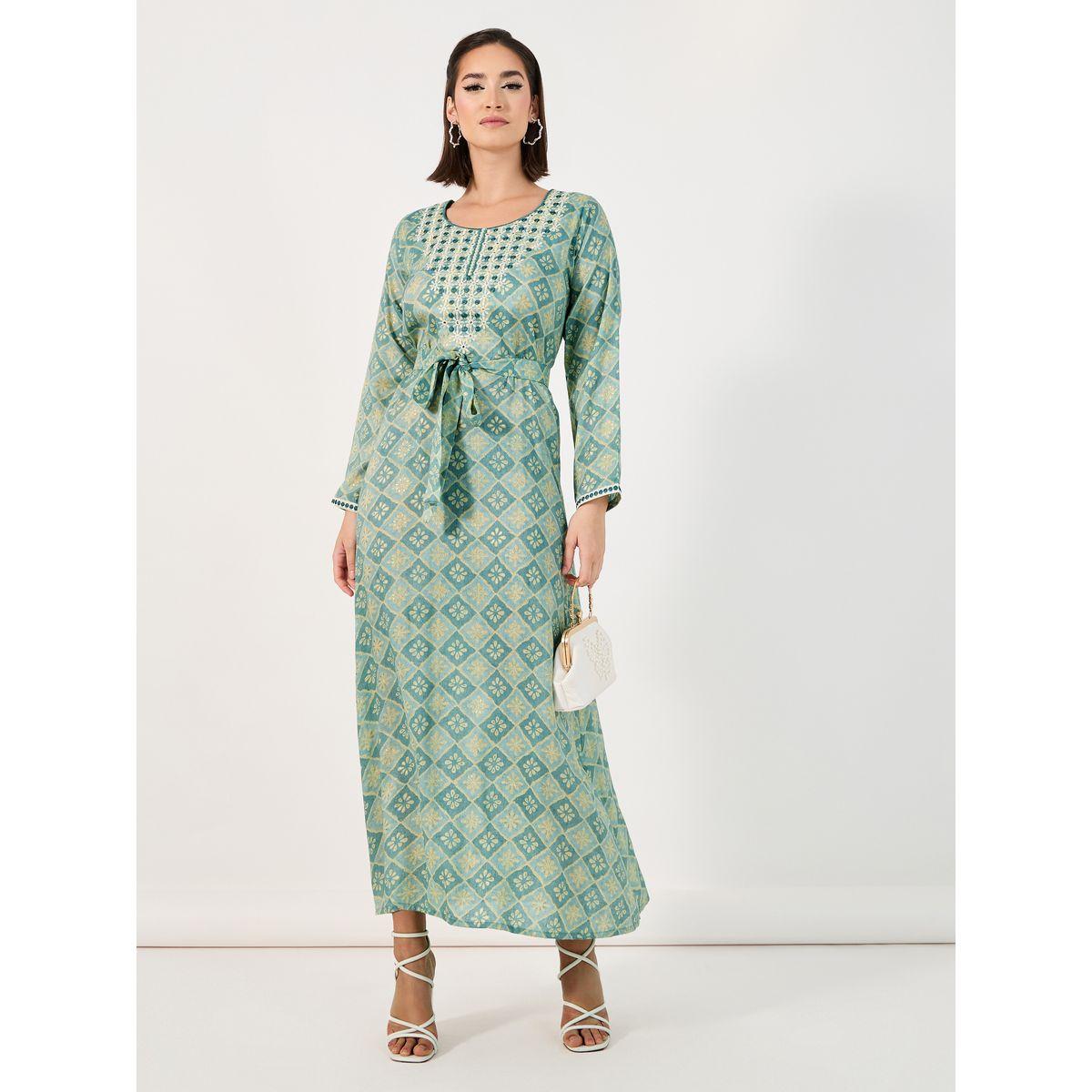 جلابية مطرزة بطباعة كاملة مع تفاصيل ربطة الخصر-women-arabicclothing-jalabiyas-image-1