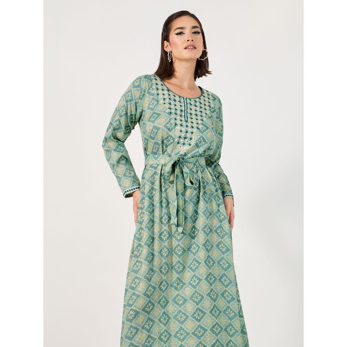 جلابية مطرزة بطباعة كاملة مع تفاصيل ربطة الخصر-women-arabicclothing-jalabiyas-image-2