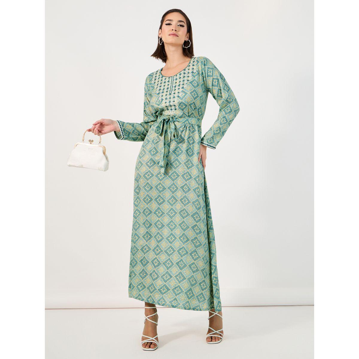 جلابية مطرزة بطباعة كاملة مع تفاصيل ربطة الخصر-women-arabicclothing-jalabiyas-image-4