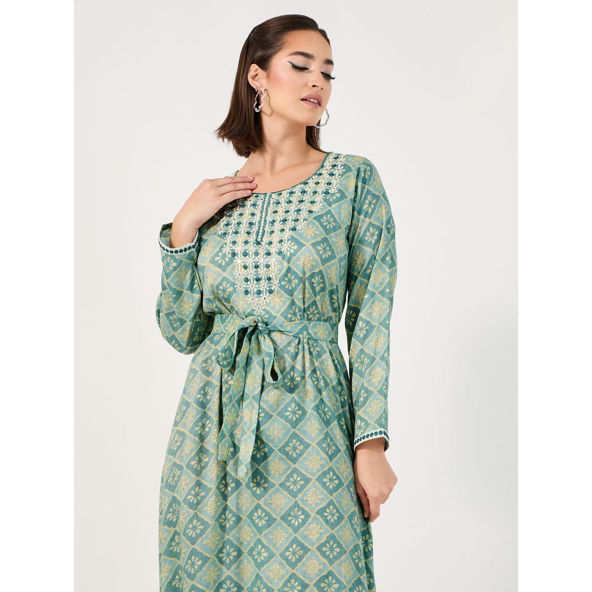 جلابية مطرزة بطباعة كاملة مع تفاصيل ربطة الخصر-women-arabicclothing-jalabiyas-image-5