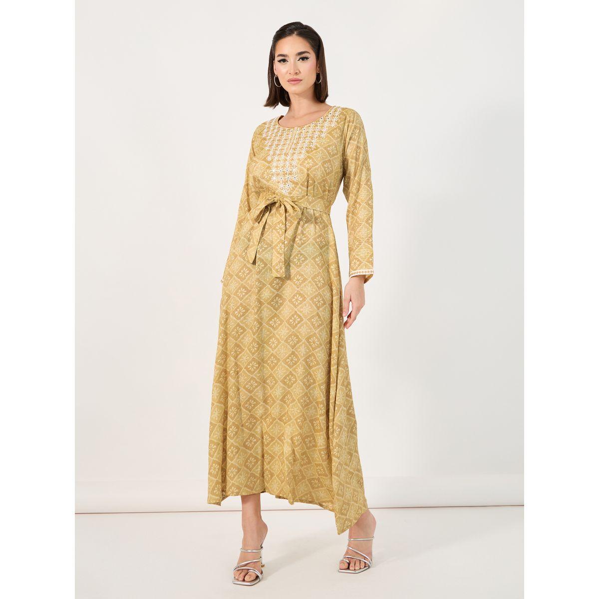 جلابية مطرزة بطباعة كاملة مع تفاصيل ربطة الخصر-women-arabicclothing-jalabiyas-image-4