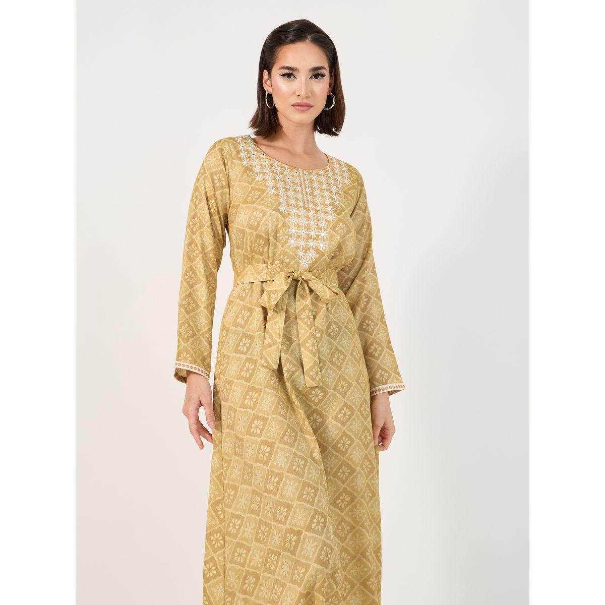 All-Over Print Embroidered Jalabiya with Waist Tie Detail-women-arabicclothing-jalabiyas-image-5