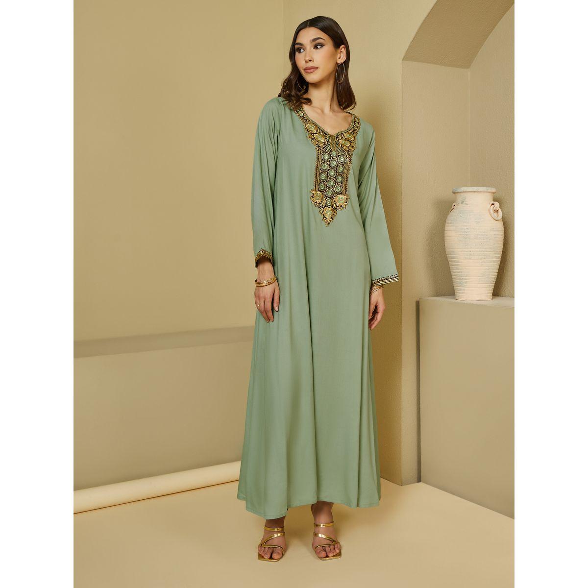 Embroidered Neck A-Line Jalabiya-women-arabicclothing-jalabiyas-image-1