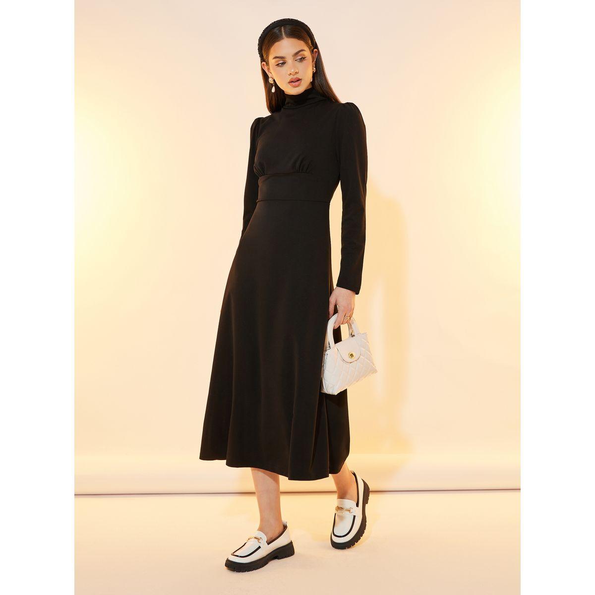 فستان ميدي سادة بياقة عالية وأكمام طويلة-women-clothing-dresses-image-1