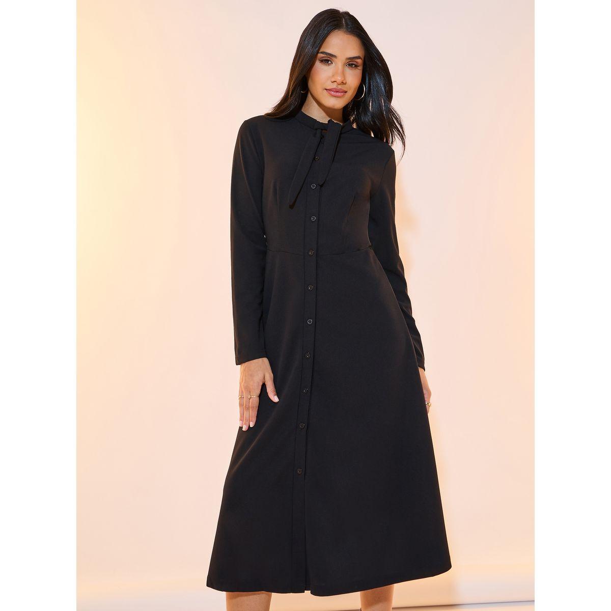 Styli Tie Detail Button Placket A-Line Midi Dress-women-clothing-dresses-image-2