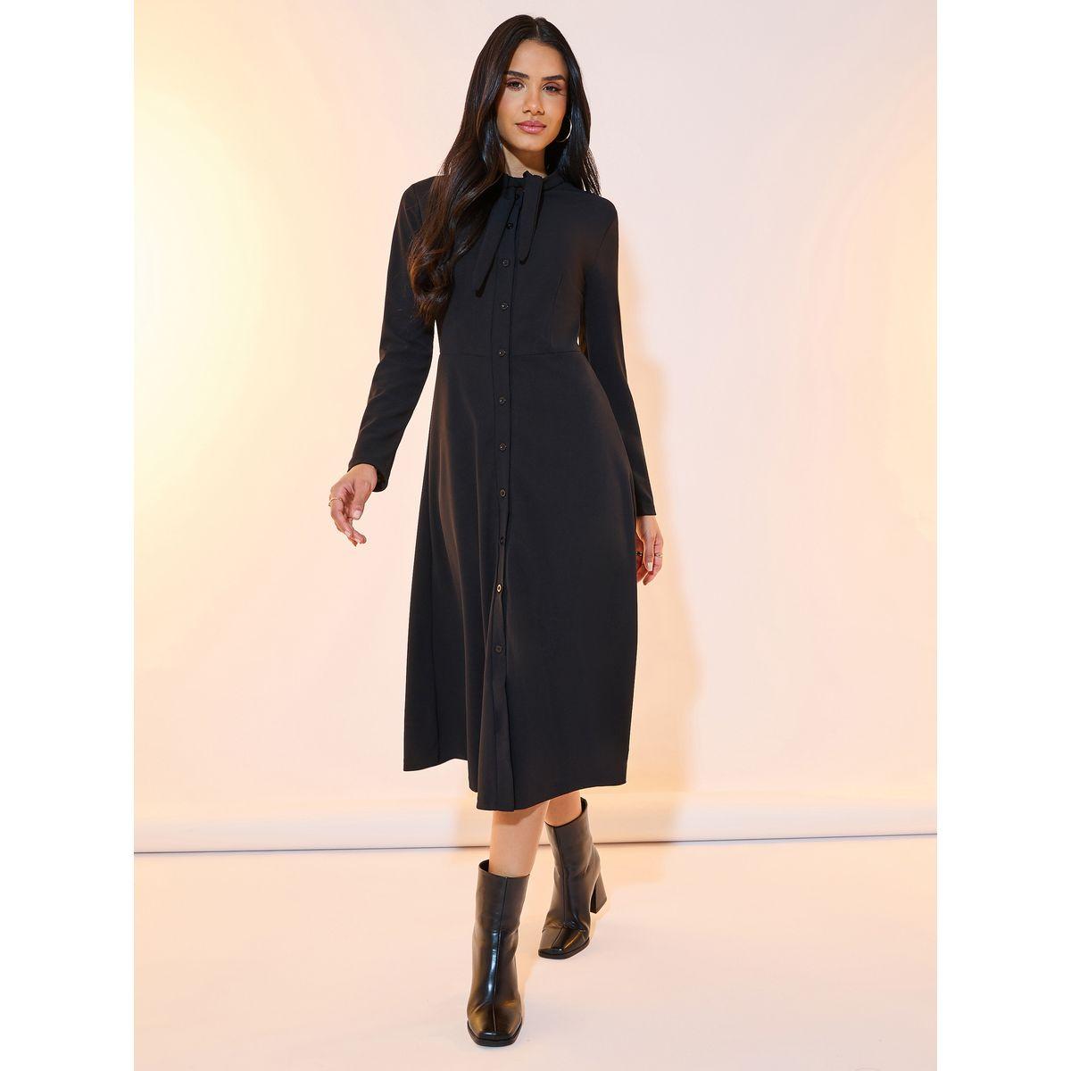 Styli Tie Detail Button Placket A-Line Midi Dress-women-clothing-dresses-image-4
