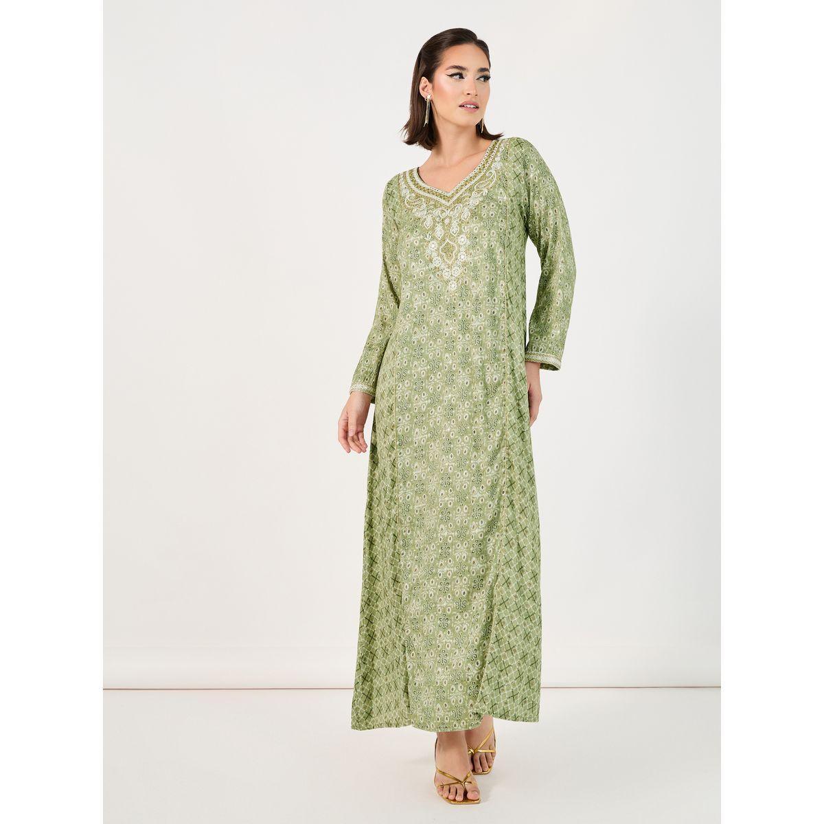 All-Over Print Embroidered A-Line Jalabiya-women-arabicclothing-jalabiyas-image-1