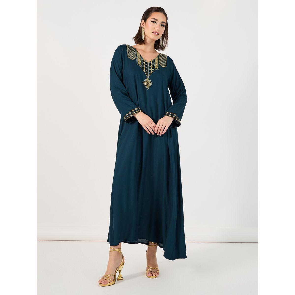 Amirah X Styli Embroidered Patch Work V Neck Jalabiya-women-arabicclothing-jalabiyas-image-1