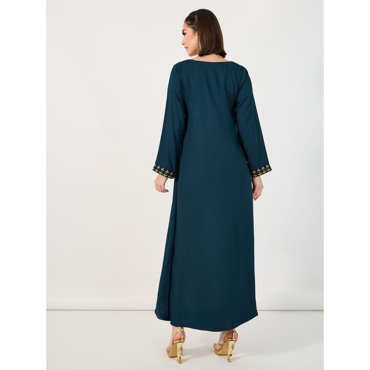 Amirah X Styli Embroidered Patch Work V Neck Jalabiya-women-arabicclothing-jalabiyas-image-6
